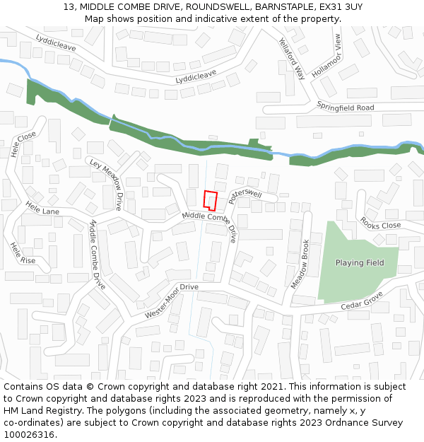 13, MIDDLE COMBE DRIVE, ROUNDSWELL, BARNSTAPLE, EX31 3UY: Location map and indicative extent of plot