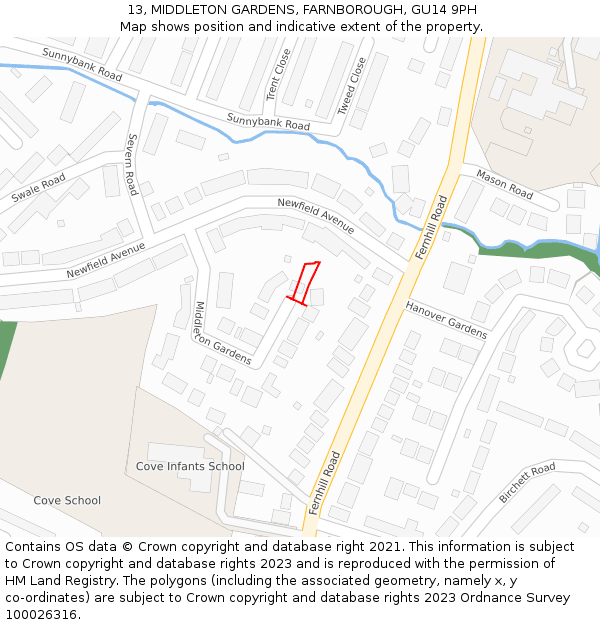 13, MIDDLETON GARDENS, FARNBOROUGH, GU14 9PH: Location map and indicative extent of plot