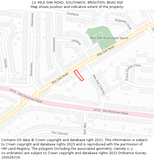 13, MILE OAK ROAD, SOUTHWICK, BRIGHTON, BN42 4QF: Location map and indicative extent of plot