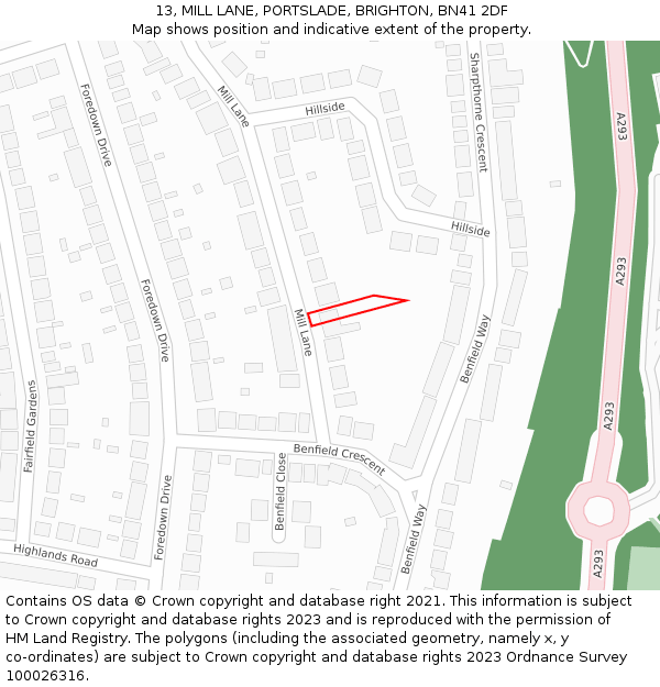 13, MILL LANE, PORTSLADE, BRIGHTON, BN41 2DF: Location map and indicative extent of plot