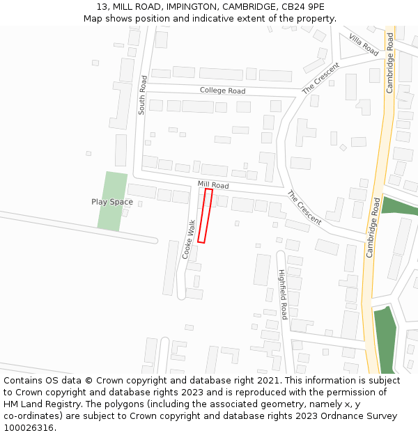 13, MILL ROAD, IMPINGTON, CAMBRIDGE, CB24 9PE: Location map and indicative extent of plot