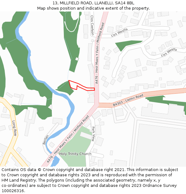 13, MILLFIELD ROAD, LLANELLI, SA14 8BL: Location map and indicative extent of plot