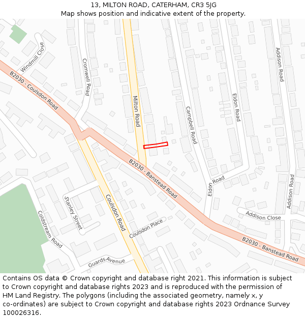 13, MILTON ROAD, CATERHAM, CR3 5JG: Location map and indicative extent of plot