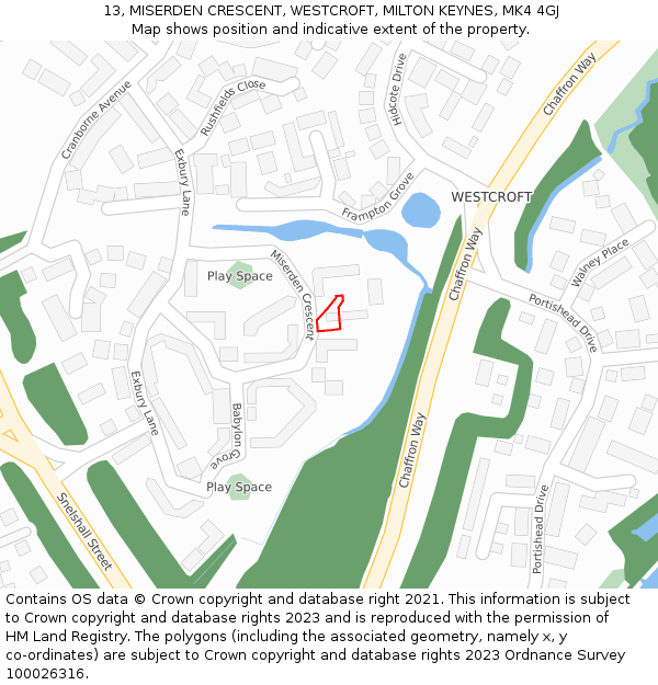 13, MISERDEN CRESCENT, WESTCROFT, MILTON KEYNES, MK4 4GJ: Location map and indicative extent of plot