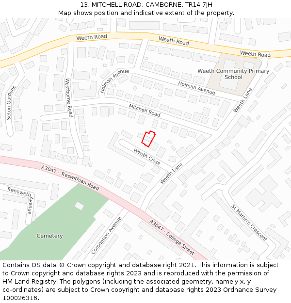 13, MITCHELL ROAD, CAMBORNE, TR14 7JH: Location map and indicative extent of plot