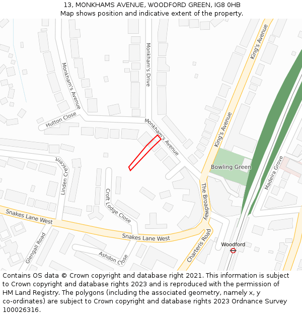 13, MONKHAMS AVENUE, WOODFORD GREEN, IG8 0HB: Location map and indicative extent of plot