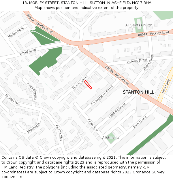 13, MORLEY STREET, STANTON HILL, SUTTON-IN-ASHFIELD, NG17 3HA: Location map and indicative extent of plot