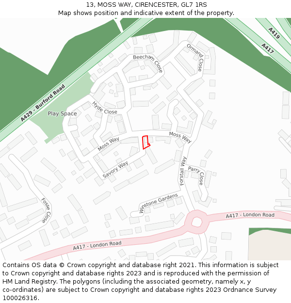 13, MOSS WAY, CIRENCESTER, GL7 1RS: Location map and indicative extent of plot