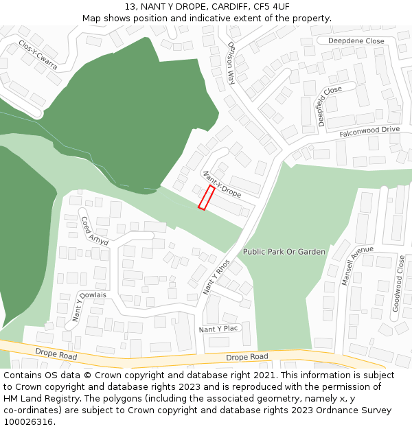 13, NANT Y DROPE, CARDIFF, CF5 4UF: Location map and indicative extent of plot