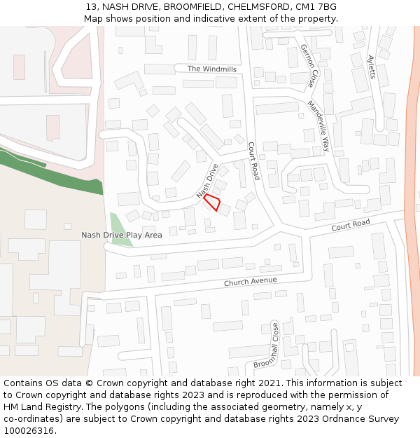 13, NASH DRIVE, BROOMFIELD, CHELMSFORD, CM1 7BG: Location map and indicative extent of plot