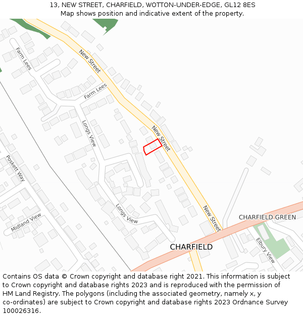 13, NEW STREET, CHARFIELD, WOTTON-UNDER-EDGE, GL12 8ES: Location map and indicative extent of plot