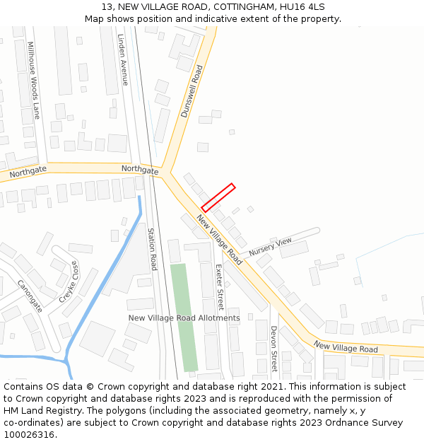 13, NEW VILLAGE ROAD, COTTINGHAM, HU16 4LS: Location map and indicative extent of plot