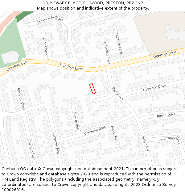 13, NEWARK PLACE, FULWOOD, PRESTON, PR2 3NP: Location map and indicative extent of plot
