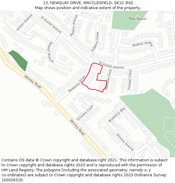 13, NEWQUAY DRIVE, MACCLESFIELD, SK10 3NQ: Location map and indicative extent of plot