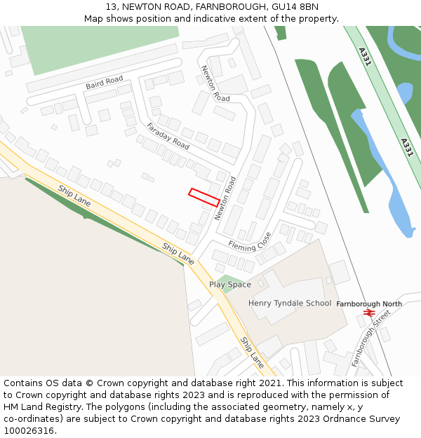 13, NEWTON ROAD, FARNBOROUGH, GU14 8BN: Location map and indicative extent of plot