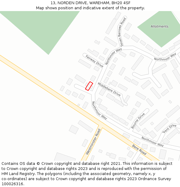 13, NORDEN DRIVE, WAREHAM, BH20 4SF: Location map and indicative extent of plot