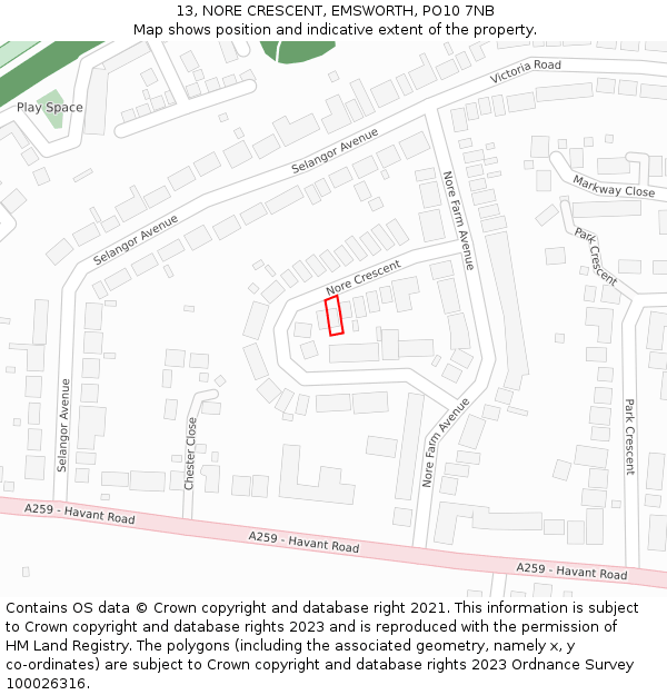 13, NORE CRESCENT, EMSWORTH, PO10 7NB: Location map and indicative extent of plot