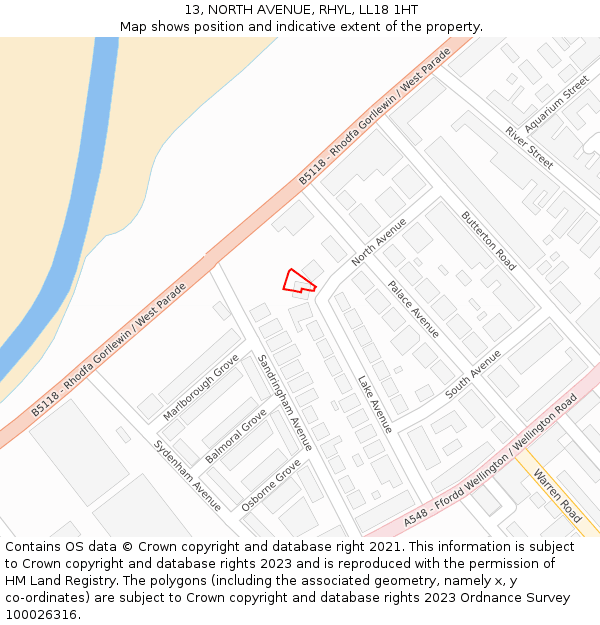 13, NORTH AVENUE, RHYL, LL18 1HT: Location map and indicative extent of plot