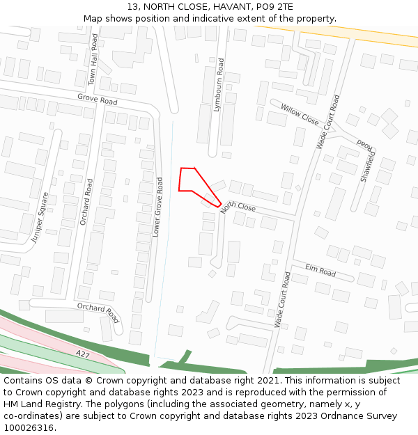 13, NORTH CLOSE, HAVANT, PO9 2TE: Location map and indicative extent of plot