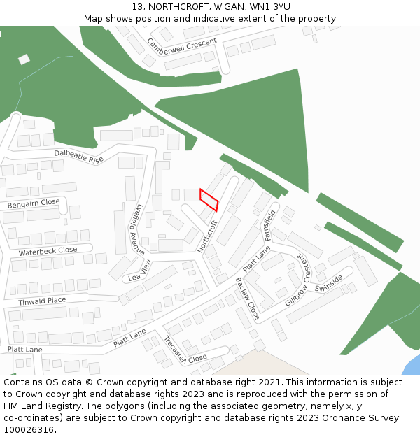 13, NORTHCROFT, WIGAN, WN1 3YU: Location map and indicative extent of plot