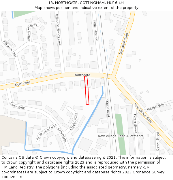 13, NORTHGATE, COTTINGHAM, HU16 4HL: Location map and indicative extent of plot