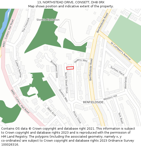 13, NORTHSTEAD DRIVE, CONSETT, DH8 0RX: Location map and indicative extent of plot