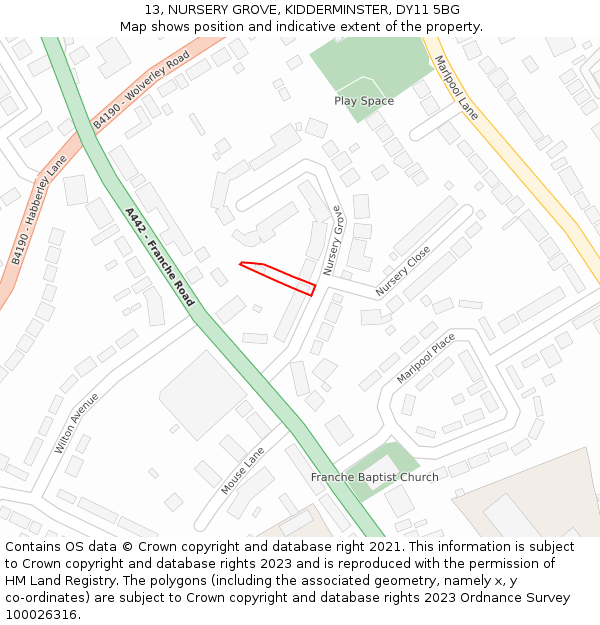 13, NURSERY GROVE, KIDDERMINSTER, DY11 5BG: Location map and indicative extent of plot