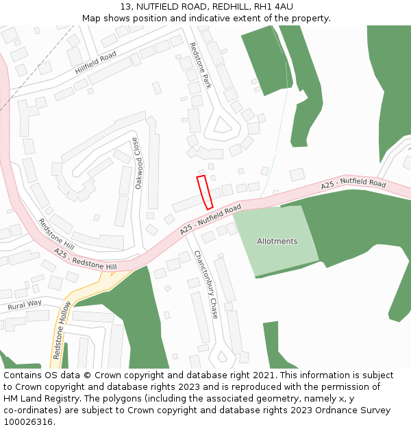 13, NUTFIELD ROAD, REDHILL, RH1 4AU: Location map and indicative extent of plot