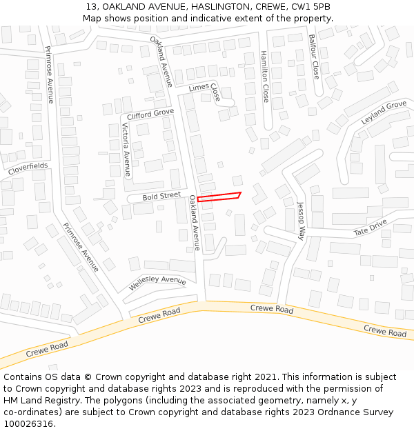 13, OAKLAND AVENUE, HASLINGTON, CREWE, CW1 5PB: Location map and indicative extent of plot