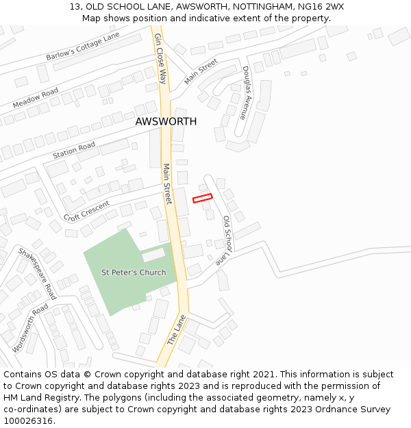 13, OLD SCHOOL LANE, AWSWORTH, NOTTINGHAM, NG16 2WX: Location map and indicative extent of plot