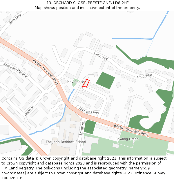 13, ORCHARD CLOSE, PRESTEIGNE, LD8 2HF: Location map and indicative extent of plot