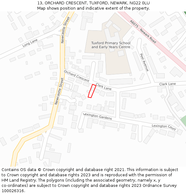 13, ORCHARD CRESCENT, TUXFORD, NEWARK, NG22 0LU: Location map and indicative extent of plot