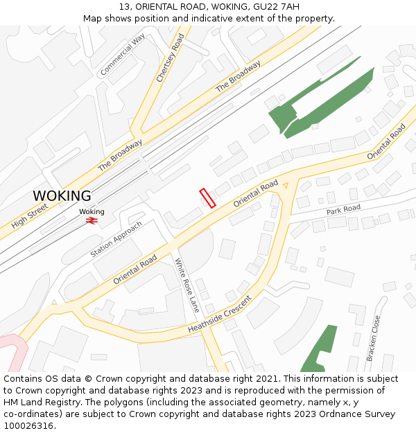 13, ORIENTAL ROAD, WOKING, GU22 7AH: Location map and indicative extent of plot