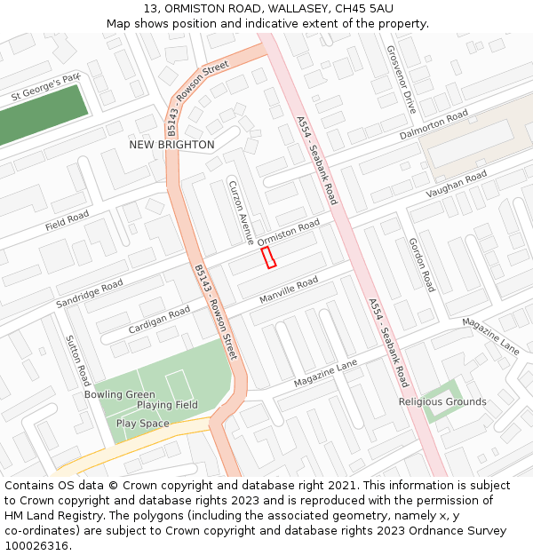 13, ORMISTON ROAD, WALLASEY, CH45 5AU: Location map and indicative extent of plot