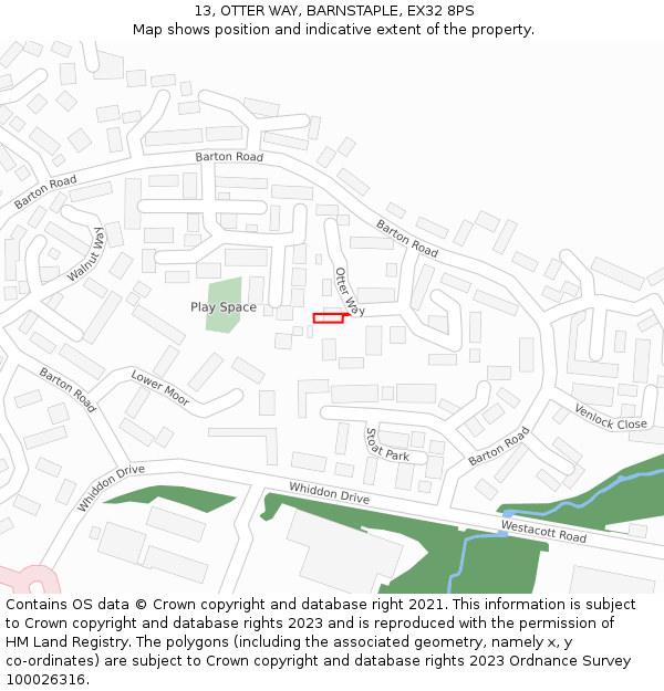 13, OTTER WAY, BARNSTAPLE, EX32 8PS: Location map and indicative extent of plot