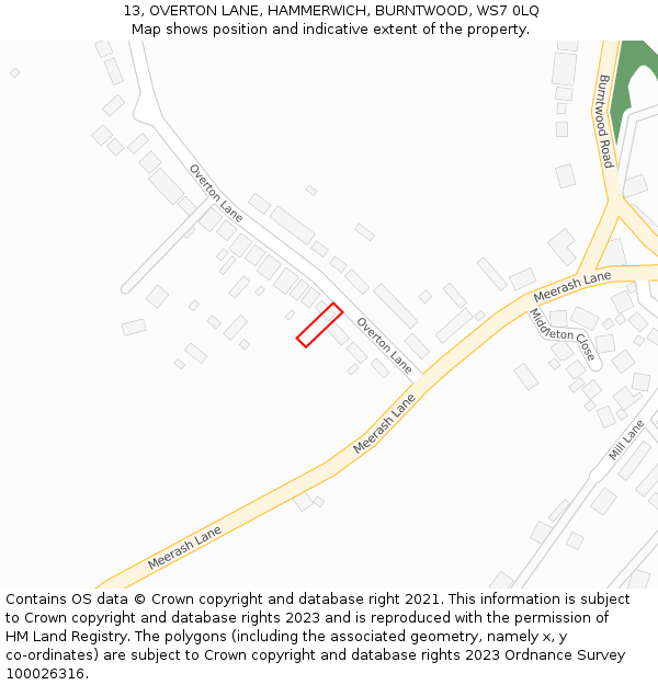 13, OVERTON LANE, HAMMERWICH, BURNTWOOD, WS7 0LQ: Location map and indicative extent of plot