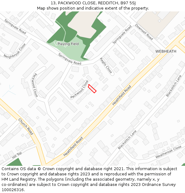 13, PACKWOOD CLOSE, REDDITCH, B97 5SJ: Location map and indicative extent of plot