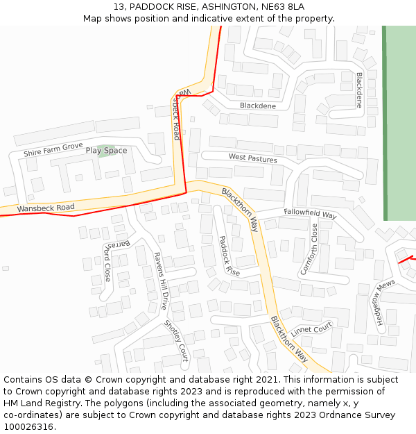 13, PADDOCK RISE, ASHINGTON, NE63 8LA: Location map and indicative extent of plot