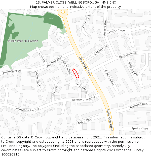 13, PALMER CLOSE, WELLINGBOROUGH, NN8 5NX: Location map and indicative extent of plot