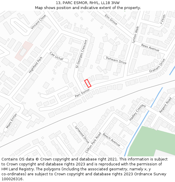 13, PARC ESMOR, RHYL, LL18 3NW: Location map and indicative extent of plot