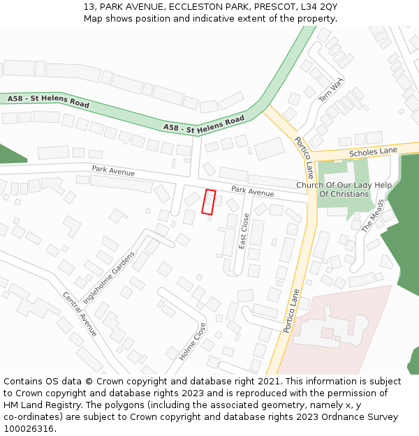 13, PARK AVENUE, ECCLESTON PARK, PRESCOT, L34 2QY: Location map and indicative extent of plot