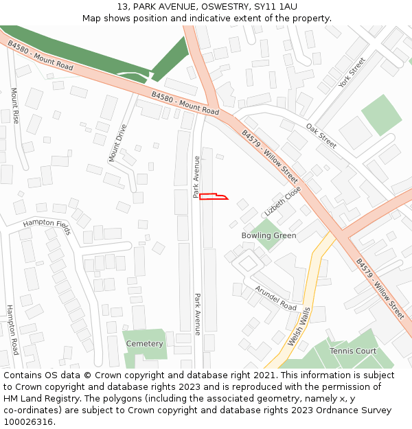 13, PARK AVENUE, OSWESTRY, SY11 1AU: Location map and indicative extent of plot