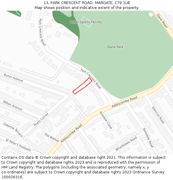 13, PARK CRESCENT ROAD, MARGATE, CT9 1UE: Location map and indicative extent of plot