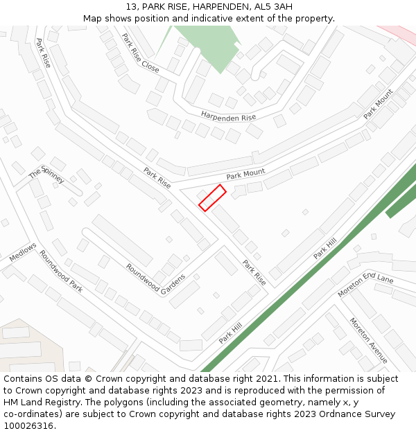 13, PARK RISE, HARPENDEN, AL5 3AH: Location map and indicative extent of plot