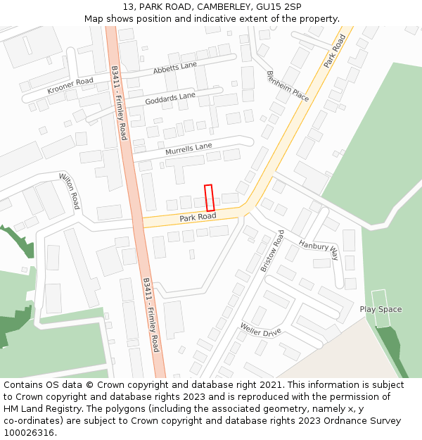 13, PARK ROAD, CAMBERLEY, GU15 2SP: Location map and indicative extent of plot