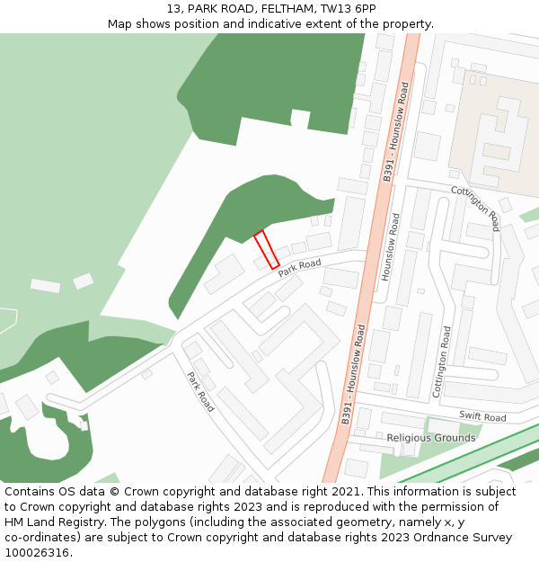 13, PARK ROAD, FELTHAM, TW13 6PP: Location map and indicative extent of plot
