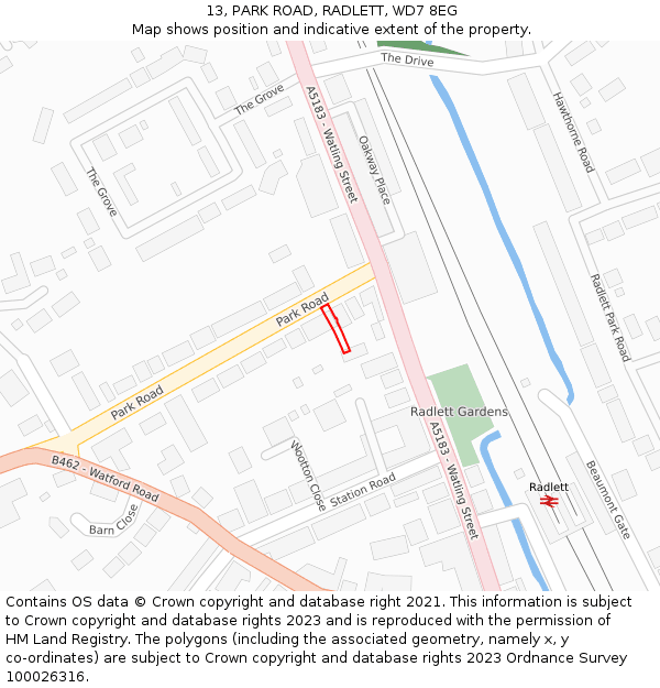 13, PARK ROAD, RADLETT, WD7 8EG: Location map and indicative extent of plot