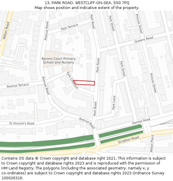 13, PARK ROAD, WESTCLIFF-ON-SEA, SS0 7PQ: Location map and indicative extent of plot