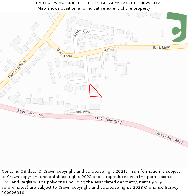 13, PARK VIEW AVENUE, ROLLESBY, GREAT YARMOUTH, NR29 5DZ: Location map and indicative extent of plot