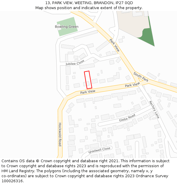 13, PARK VIEW, WEETING, BRANDON, IP27 0QD: Location map and indicative extent of plot